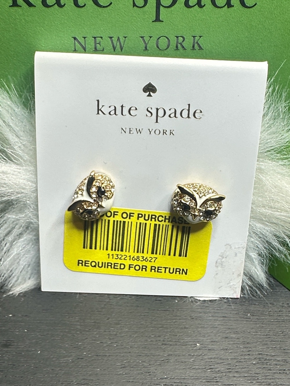 Kate Spade Earrings Owls Pom Pom  pave crystals gold New